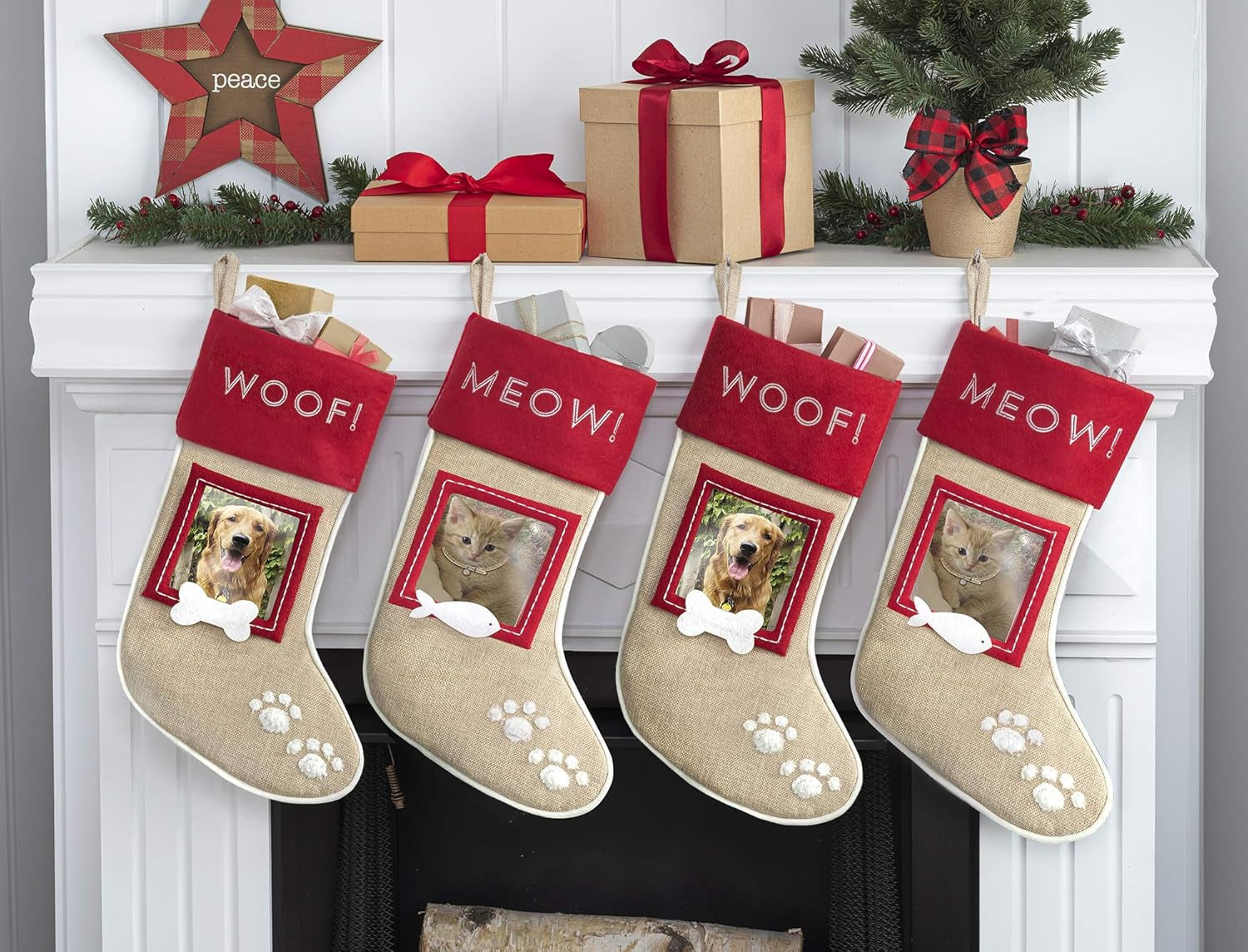 Set of 2 Christmas Stockings for Dogs – Burlap Stockings with Sewn-On Picture Frames (Woof/Dog)