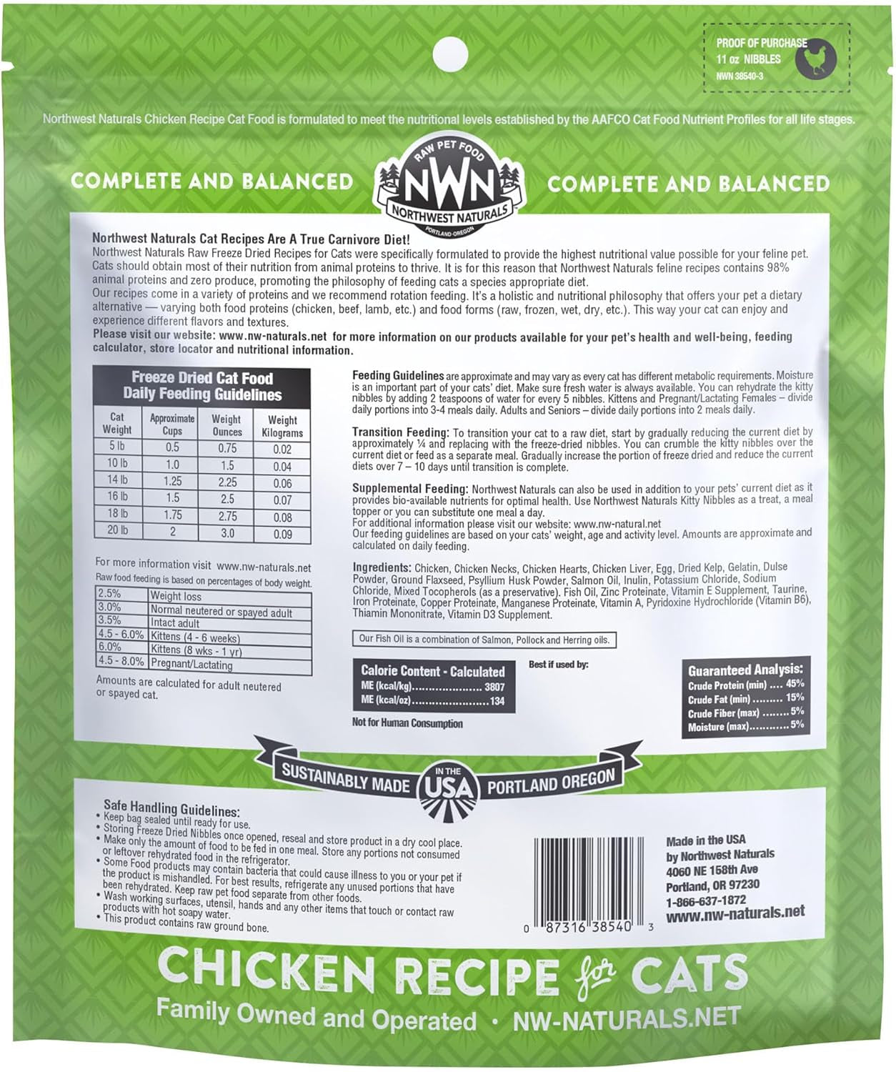 Freeze-Dried Chicken Cat Food - Bite-Sized Nibbles - Healthy, Limited Ingredients, Human Grade Pet Food, All Natural - 11 Oz