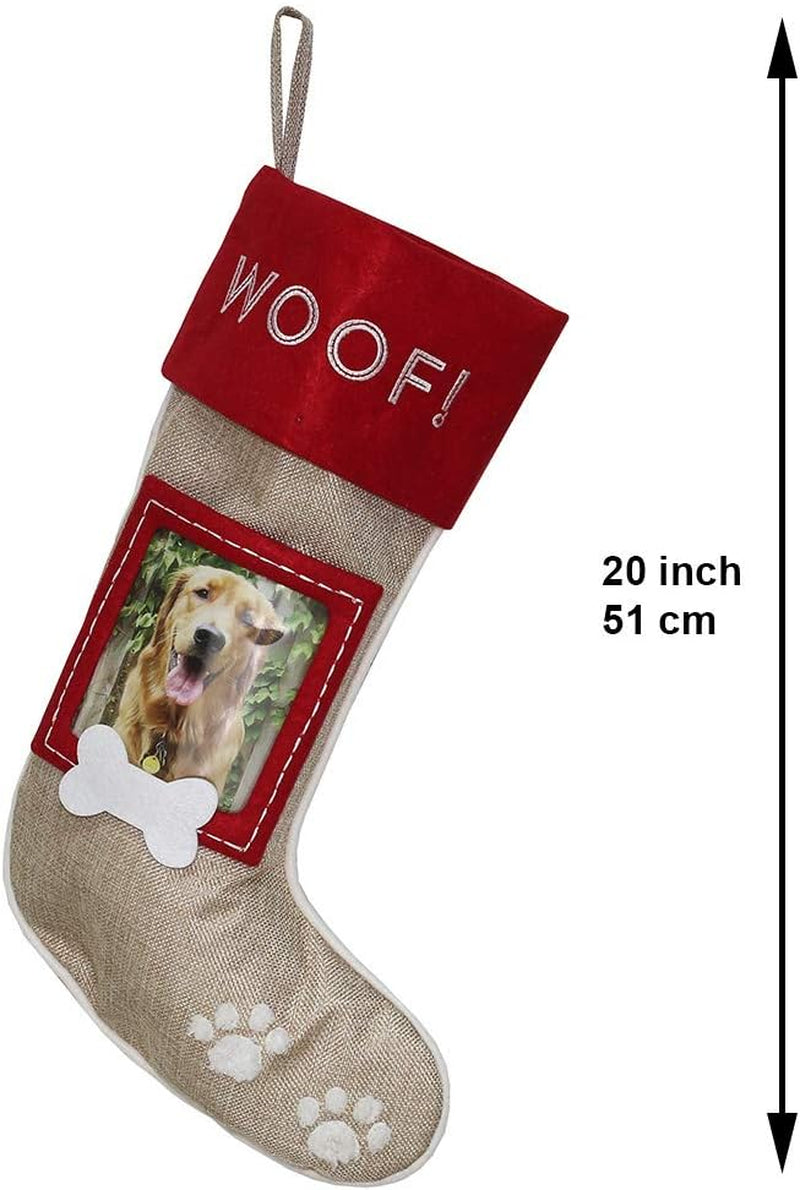 Set of 2 Christmas Stockings for Dogs – Burlap Stockings with Sewn-On Picture Frames (Woof/Dog)