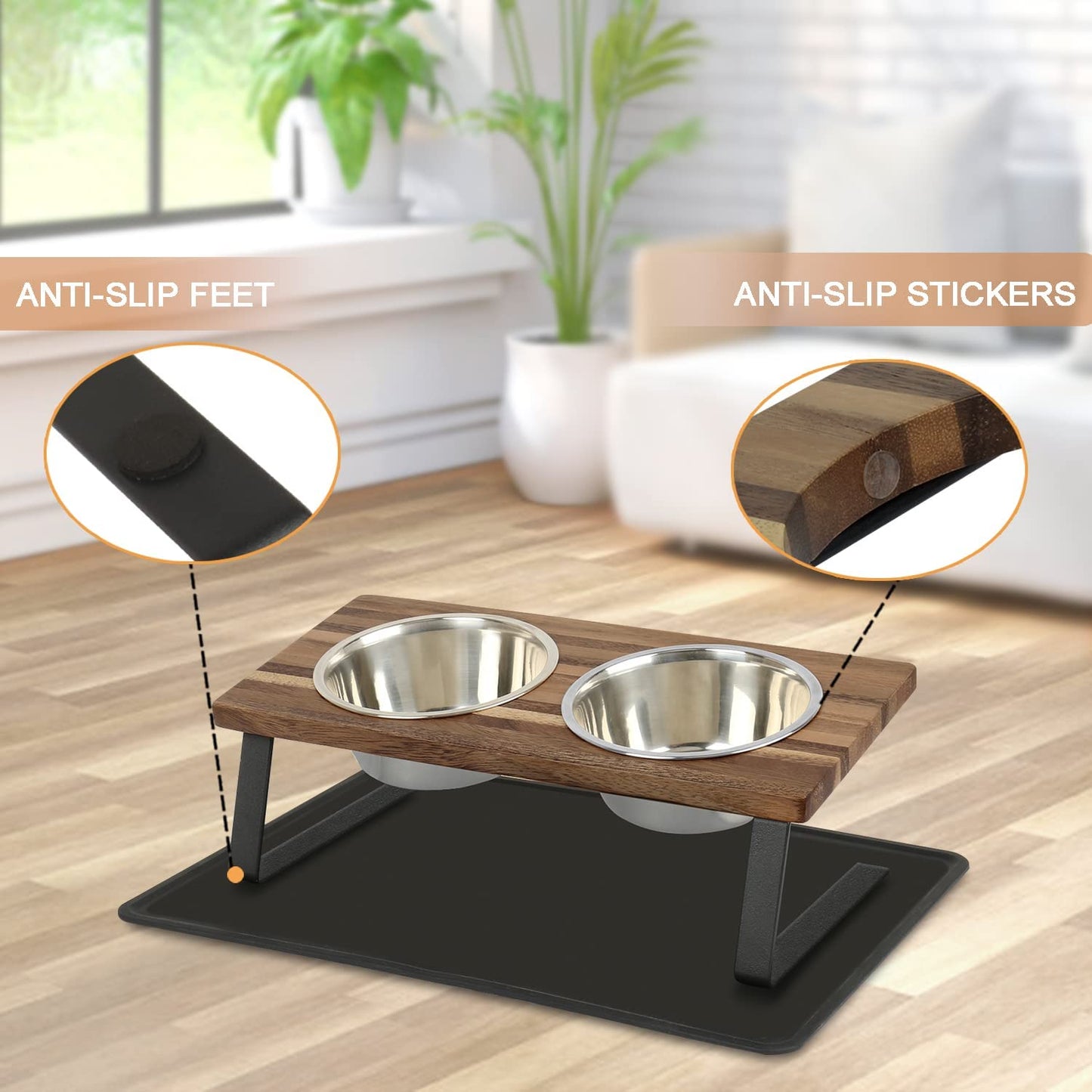 15° Tilted Elevated Cat Food & Water Bowl Set | Walnut Wood Stand with Anti-Slip Mat for Cats and Puppies (Small)